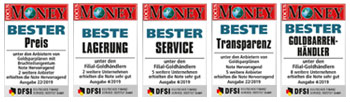 Auvesta отмечена журналом Focus Money - Лучшая цена - Лучшие условия хранения - Лучший сервис - Лучшая открытость - Лучший продавец золотых слитков